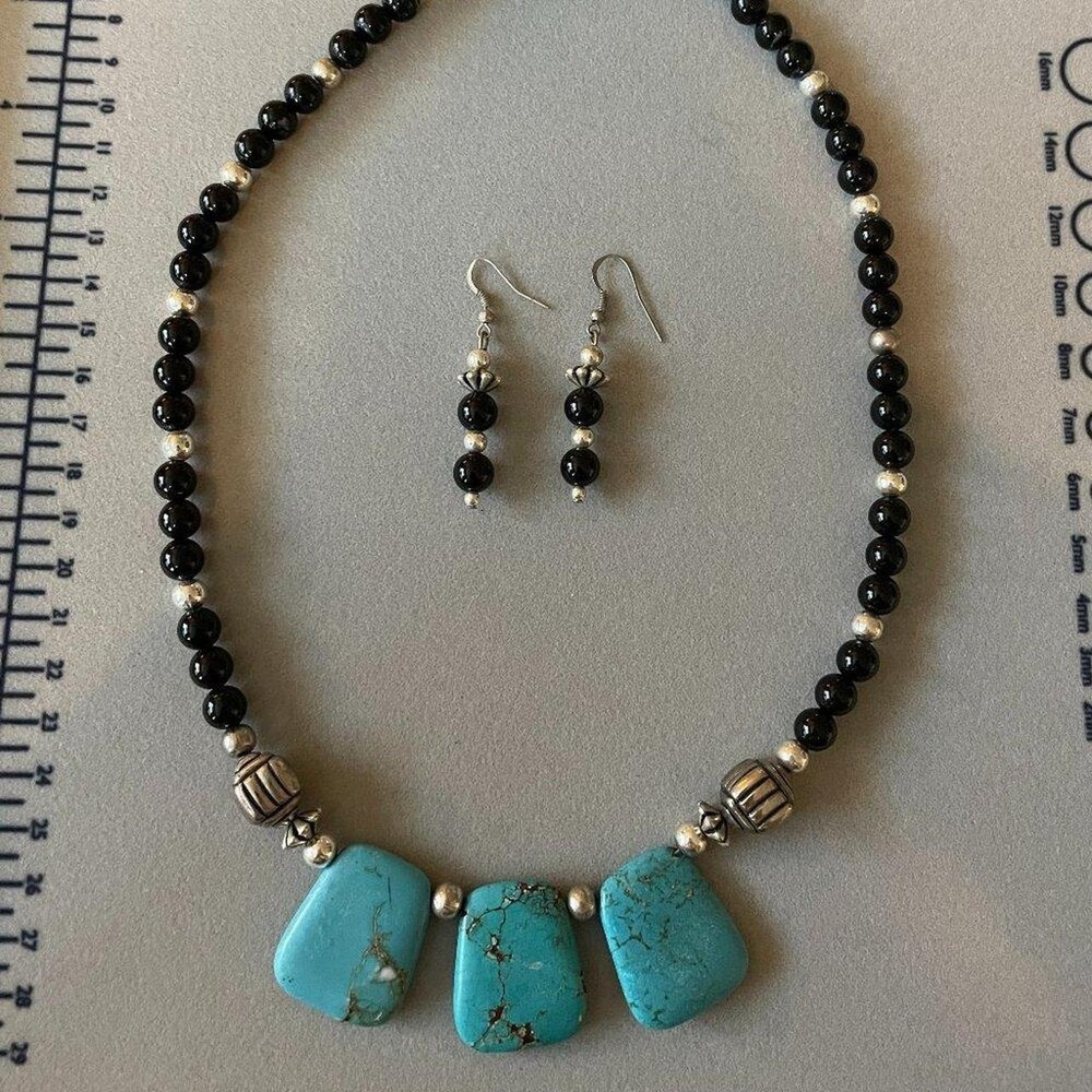 Turquoise Black Beaded Gemstone Crstal Handmade Necklace Earrings Boho Gypsy